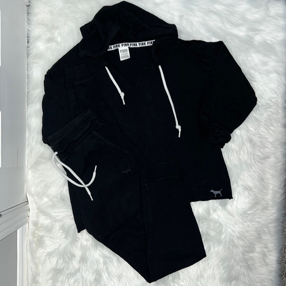 PINK Summer Lounge vibes BLACK jogger hoodie set SMALL